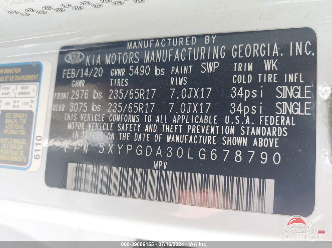 5XYPGDA30LG678790 2020 KIA SORENTO photo no. 9