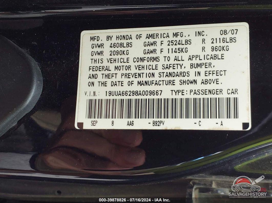 19UUA66298A009667 2008 ACURA TL photo no. 9