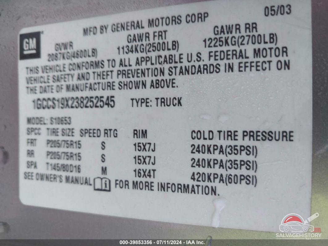 1GCCS19X238252545 2003 CHEVROLET S-10 photo no. 9