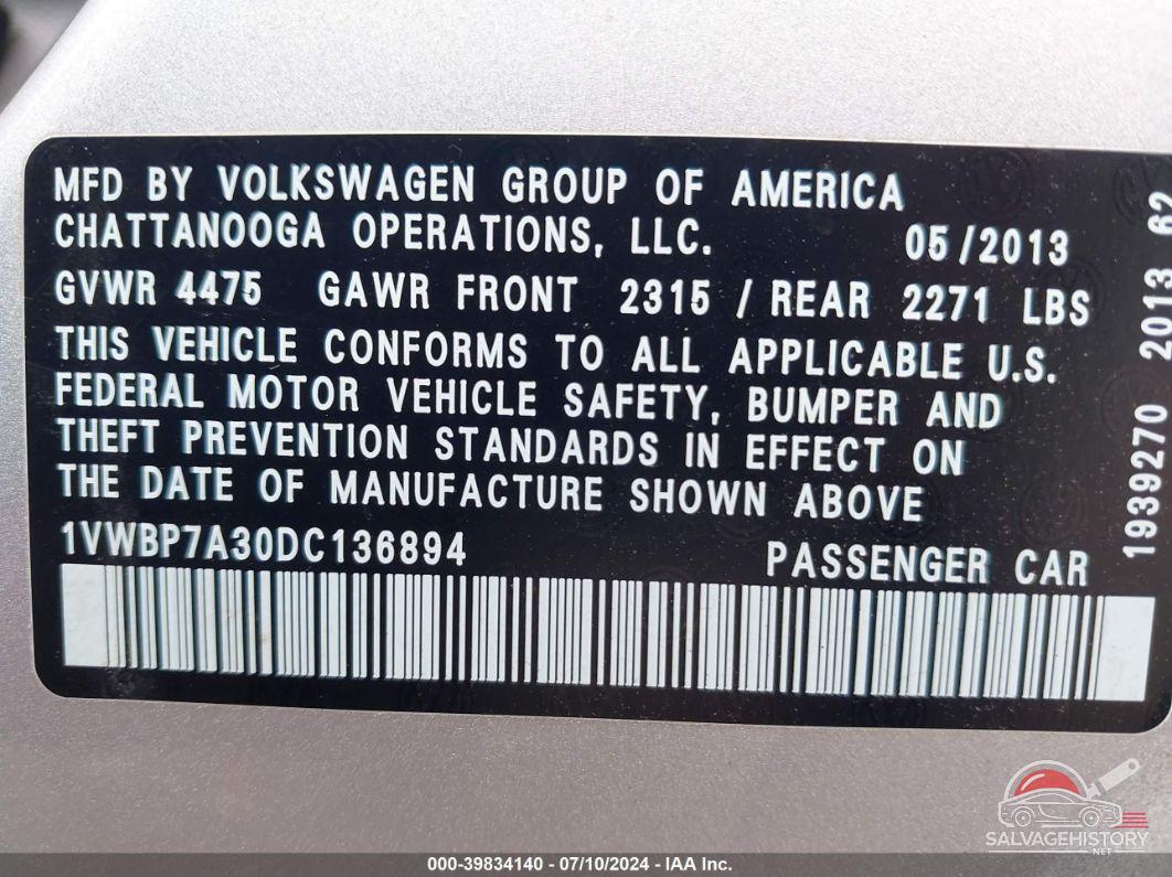 1VWBP7A30DC136894 2013 VOLKSWAGEN PASSAT photo no. 9