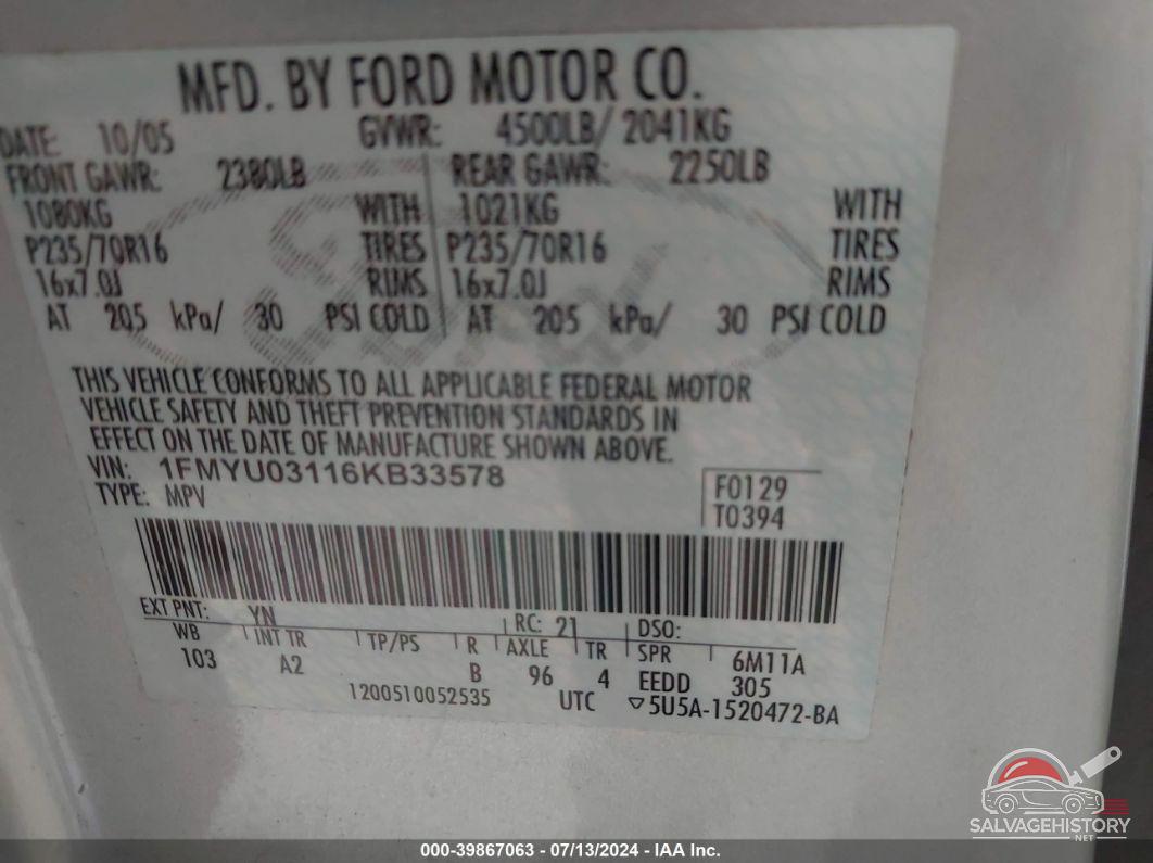 1FMYU03116KB33578 2006 FORD ESCAPE photo no. 9