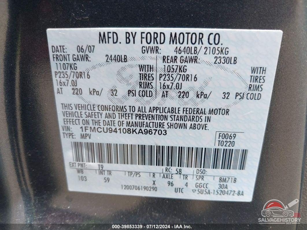 1FMCU94108KA96703 2008 FORD ESCAPE photo no. 9