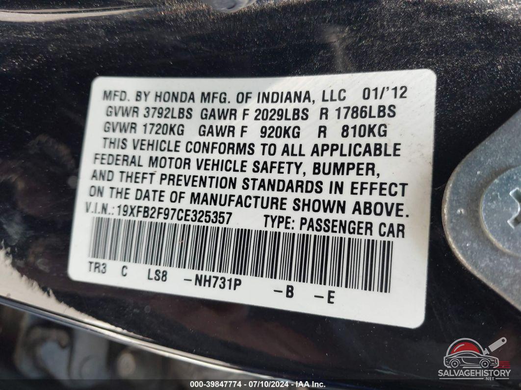 19XFB2F97CE325357 2012 HONDA CIVIC photo no. 9