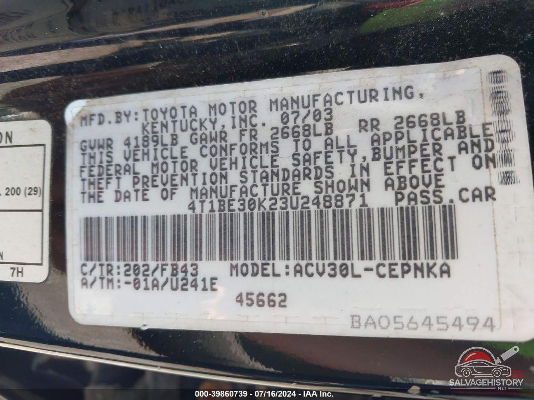 4T1BE30K23U248871 2003 TOYOTA CAMRY photo no. 9