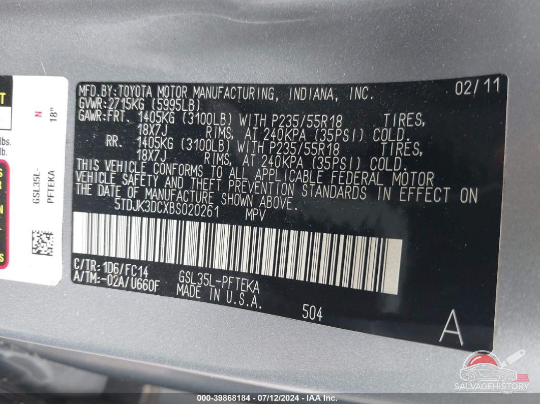 5TDJK3DCXBS020261 2011 TOYOTA SIENNA photo no. 9