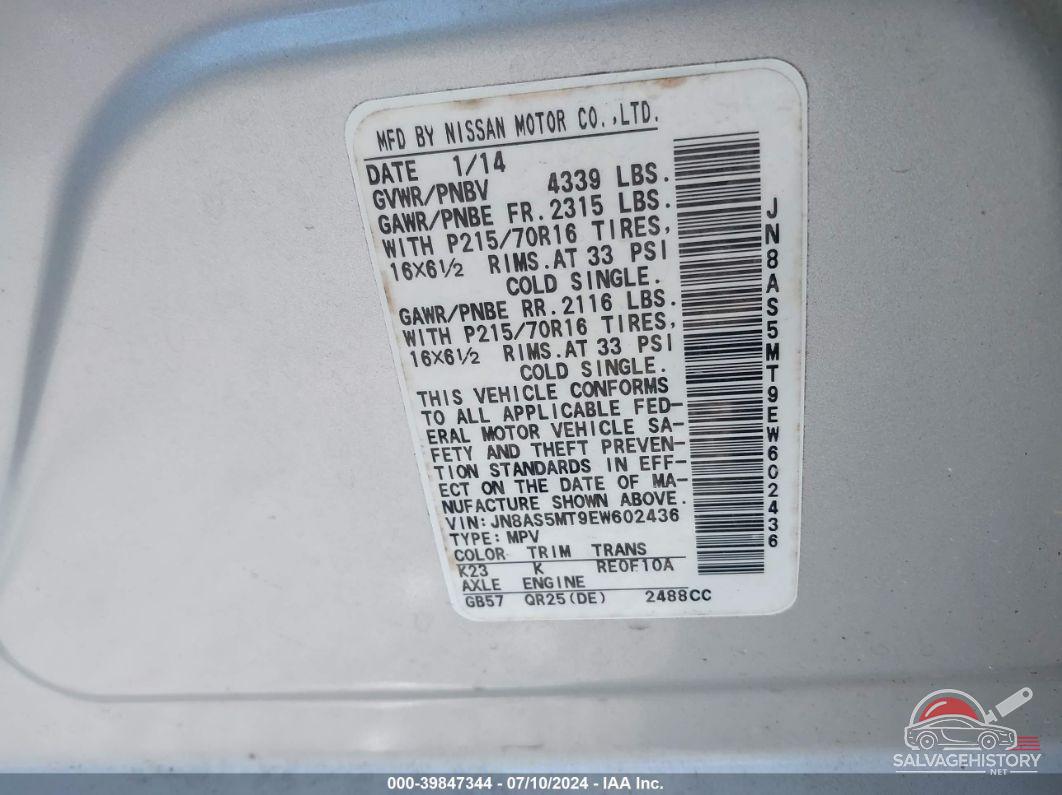 JN8AS5MT9EW602436 2014 NISSAN ROGUE SELECT photo no. 9