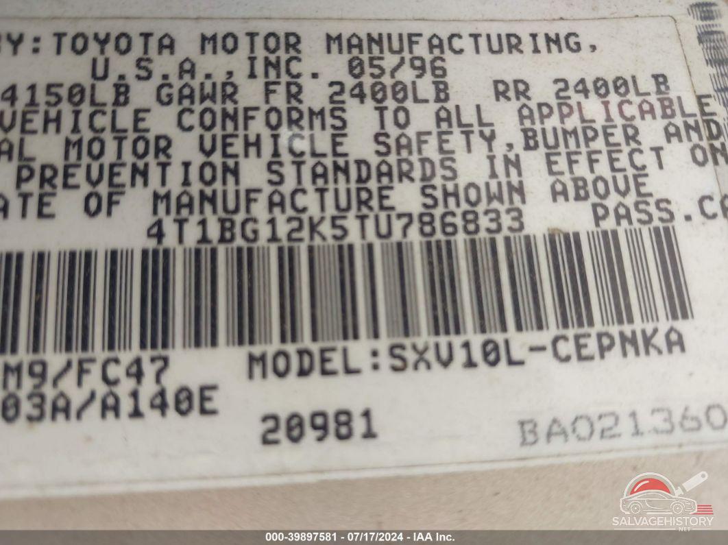 4T1BG12K5TU786833 1996 TOYOTA CAMRY photo no. 9