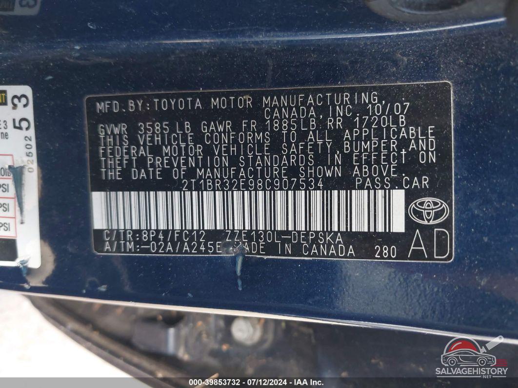 2T1BR32E98C907534 2008 TOYOTA COROLLA photo no. 9