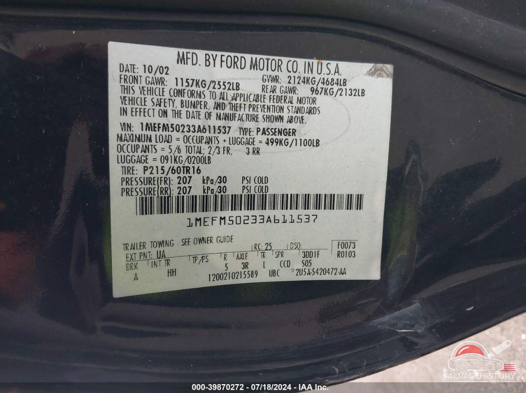 1MEFM50233A611537 2003 MERCURY SABLE photo no. 9