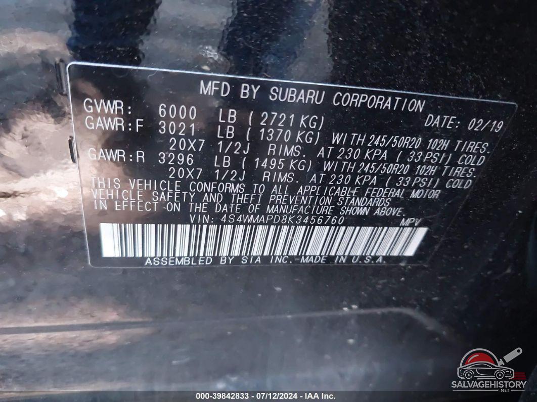 4S4WMAPD8K3456760 2019 SUBARU ASCENT photo no. 9