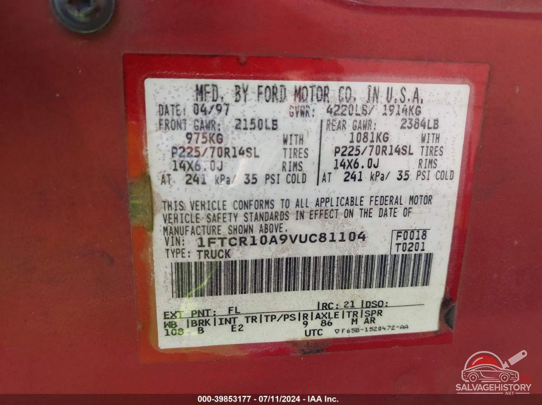 1FTCR10A9VUC81104 1997 FORD RANGER photo no. 9