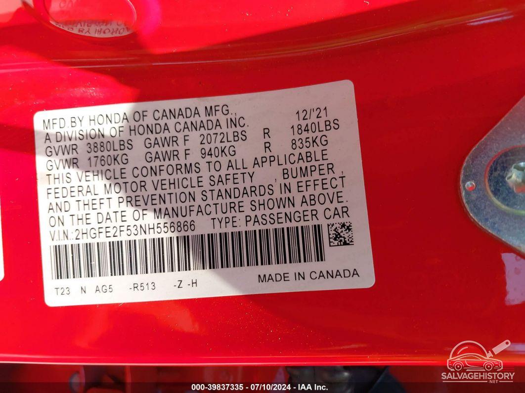 2HGFE2F53NH556866 2022 HONDA CIVIC photo no. 9