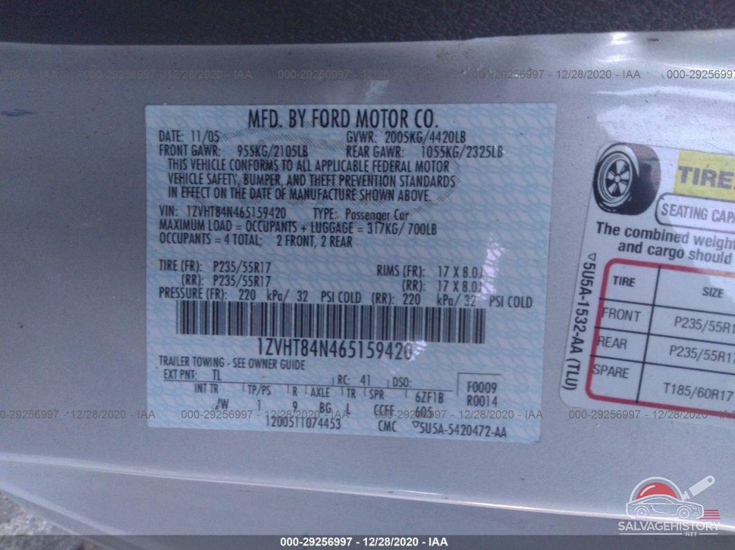 1ZVHT84N465159420 2006 FORD MUSTANG photo no. 9