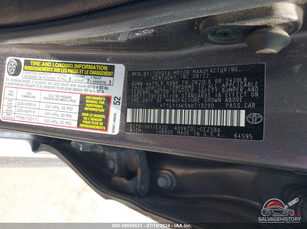 4T1G11AK5NU719290 2022 TOYOTA CAMRY photo no. 9