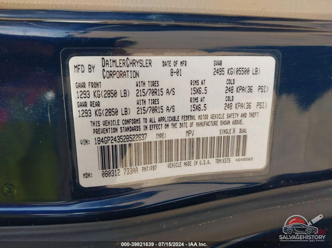 1B4GP24352B522637 2002 DODGE GRAND CARAVAN photo no. 9