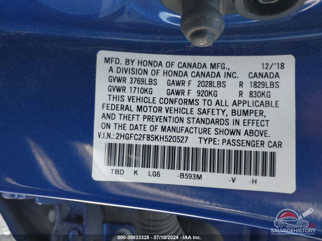 2HGFC2F85KH520527 2019 HONDA CIVIC photo no. 9