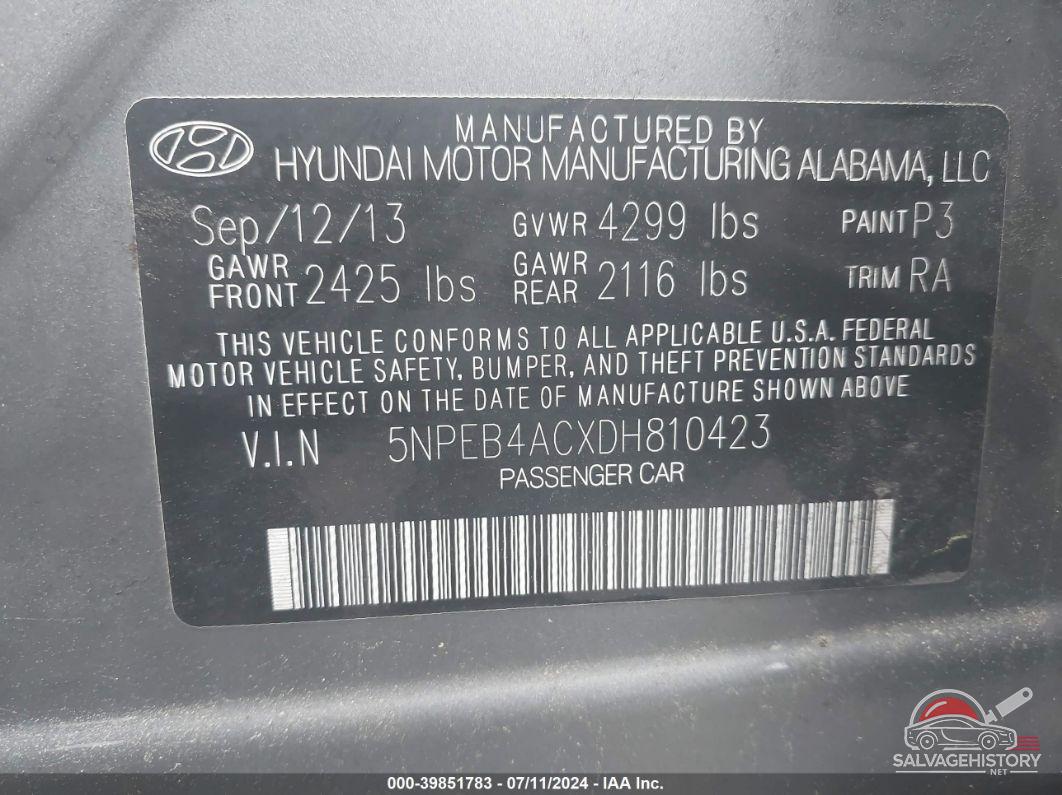 5NPEB4ACXDH810423 2013 HYUNDAI SONATA photo no. 9