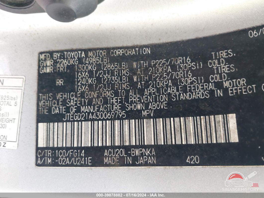 JTEGD21A430069795 2003 TOYOTA HIGHLANDER photo no. 9