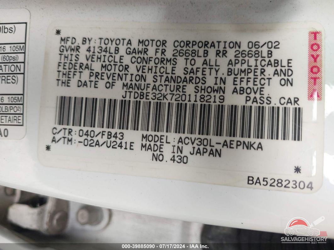 JTDBE32K720118219 2002 TOYOTA CAMRY photo no. 9