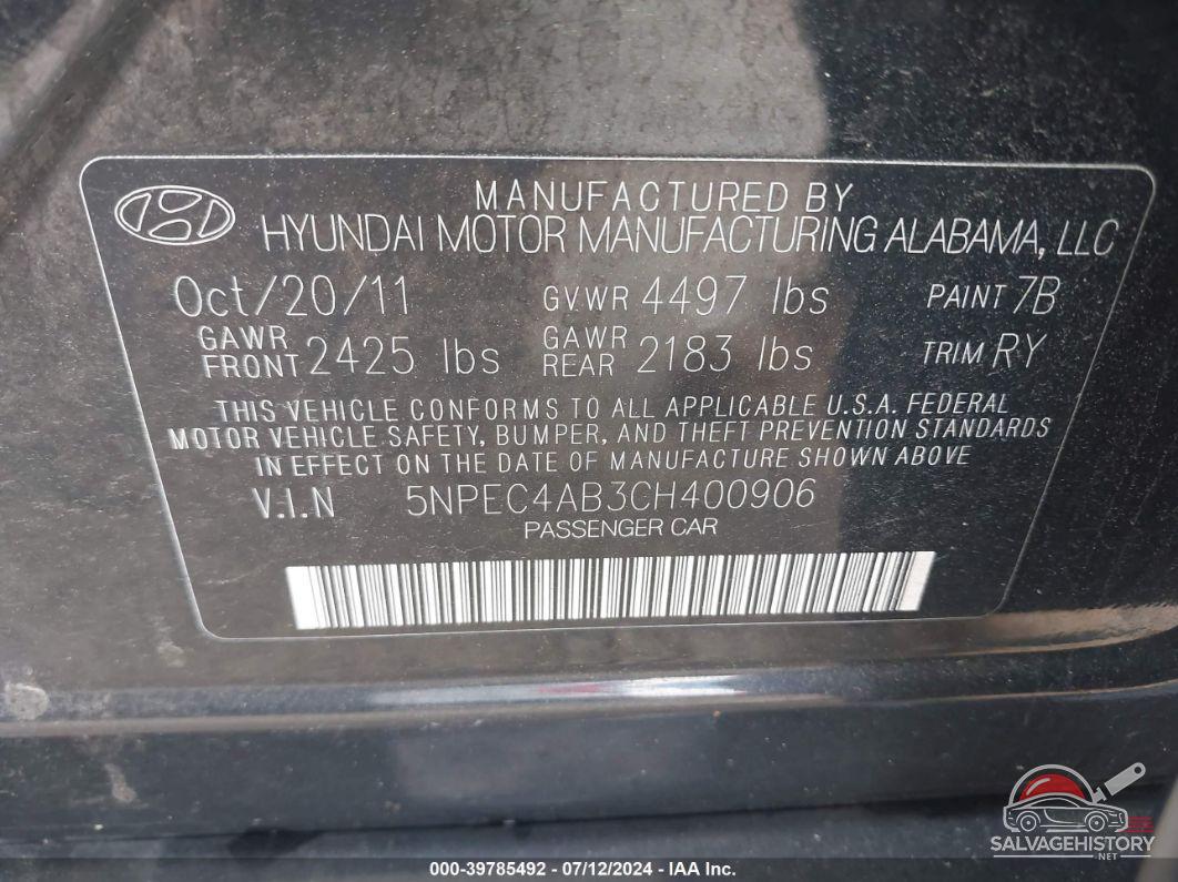 5NPEC4AB3CH400906 2012 HYUNDAI SONATA photo no. 9