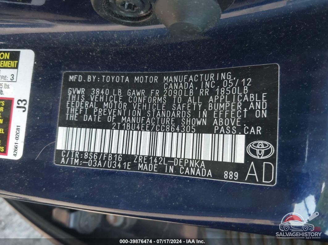 2T1BU4EE7CC864305 2012 TOYOTA COROLLA photo no. 9