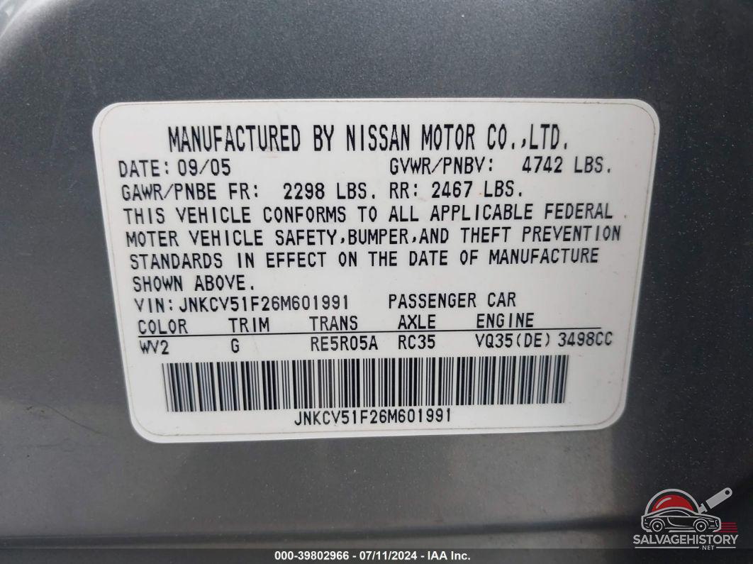 JNKCV51F26M601991 2006 INFINITI G35X photo no. 9