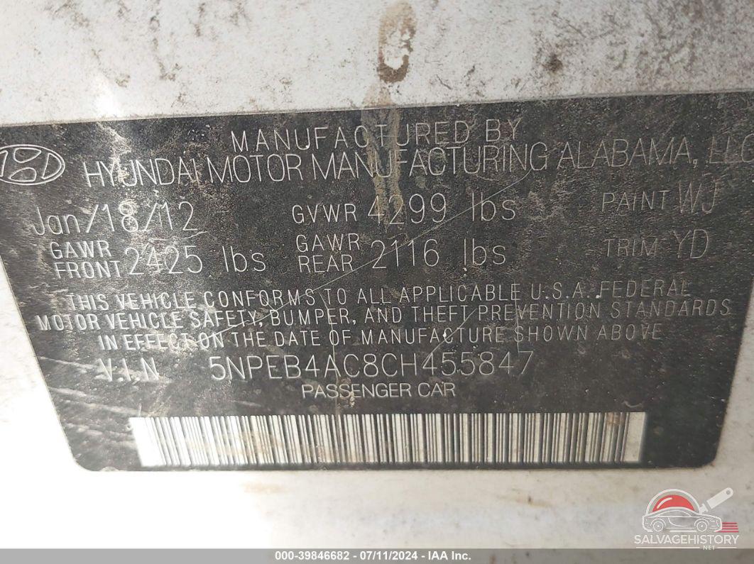 5NPEB4AC8CH455847 2012 HYUNDAI SONATA photo no. 9