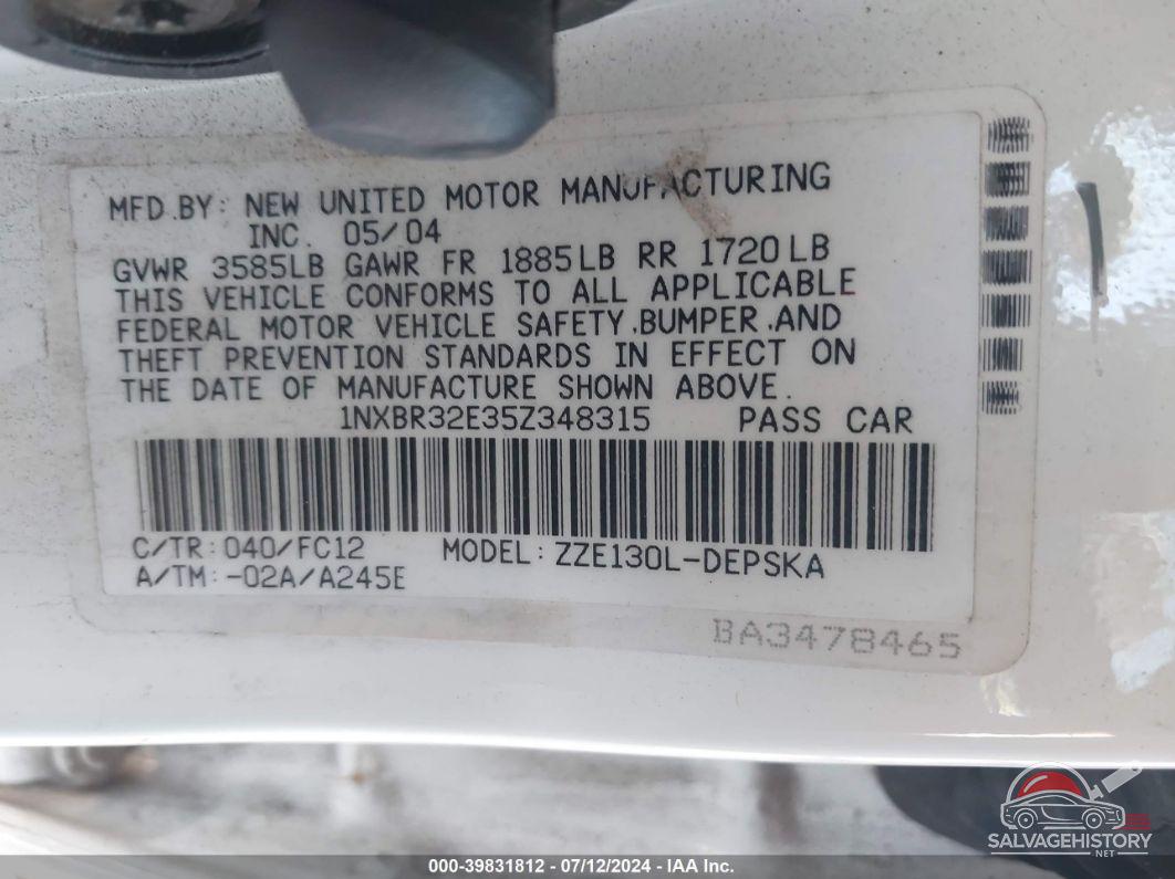 1NXBR32E35Z348315 2005 TOYOTA COROLLA photo no. 9