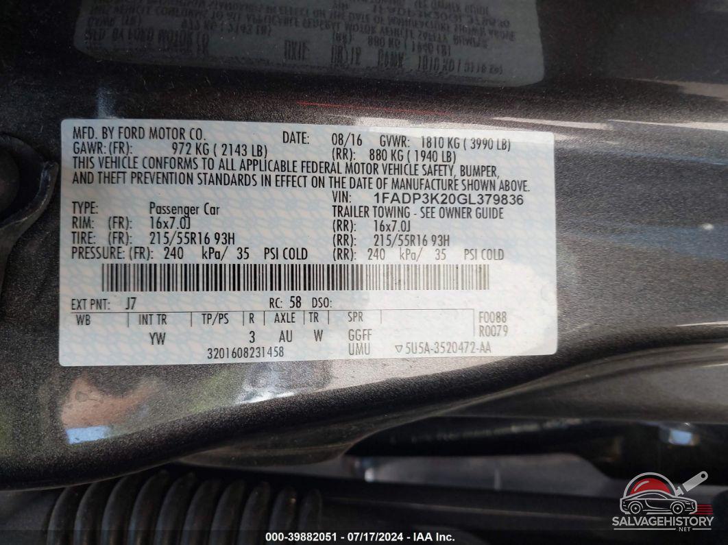 1FADP3K20GL379836 2016 FORD FOCUS photo no. 9