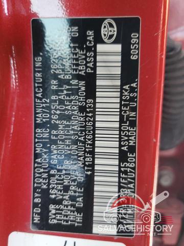 4T1BF1FK6CU624139 2012 TOYOTA CAMRY photo no. 12