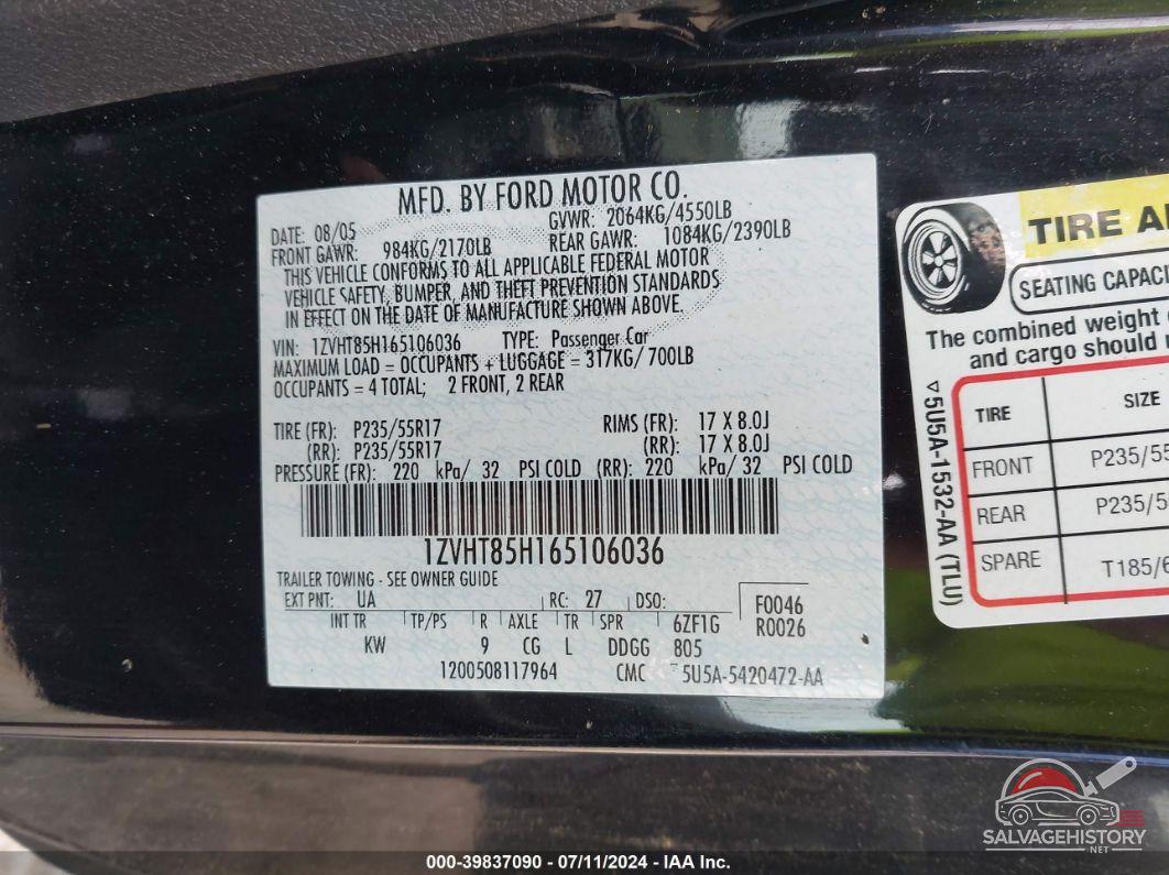 1ZVHT85H165106036 2006 FORD MUSTANG photo no. 9