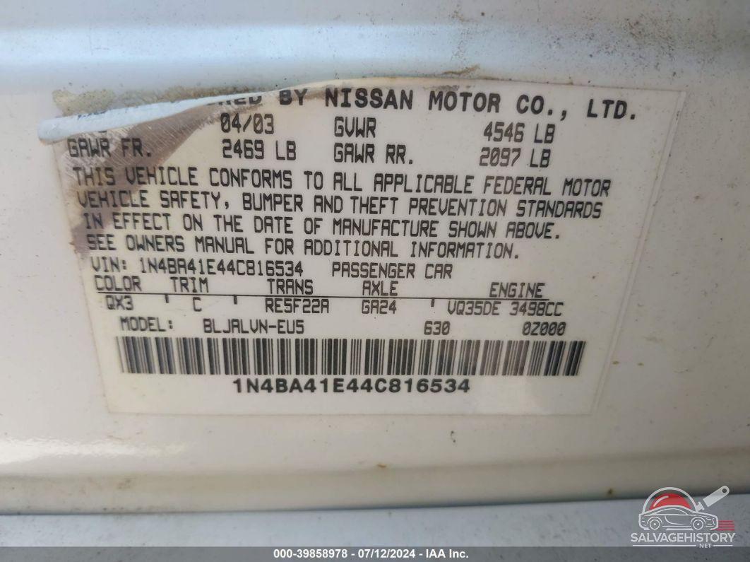 1N4BA41E44C816534 2004 NISSAN MAXIMA photo no. 9