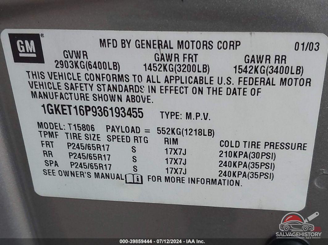 1GKET16P936193455 2003 GMC ENVOY XL photo no. 9
