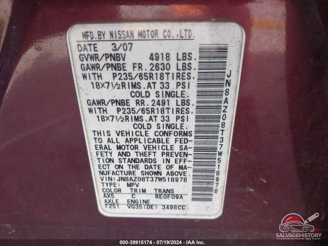 JN8AZ08T37W518978 2007 NISSAN MURANO photo no. 9