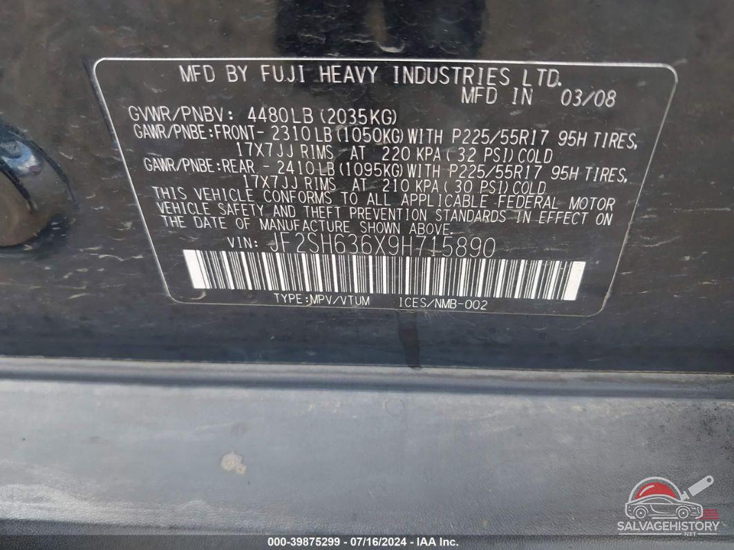 JF2SH636X9H715890 2009 SUBARU FORESTER photo no. 9