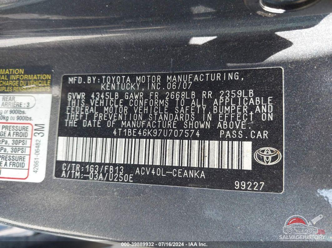 4T1BE46K97U707574 2007 TOYOTA CAMRY photo no. 9