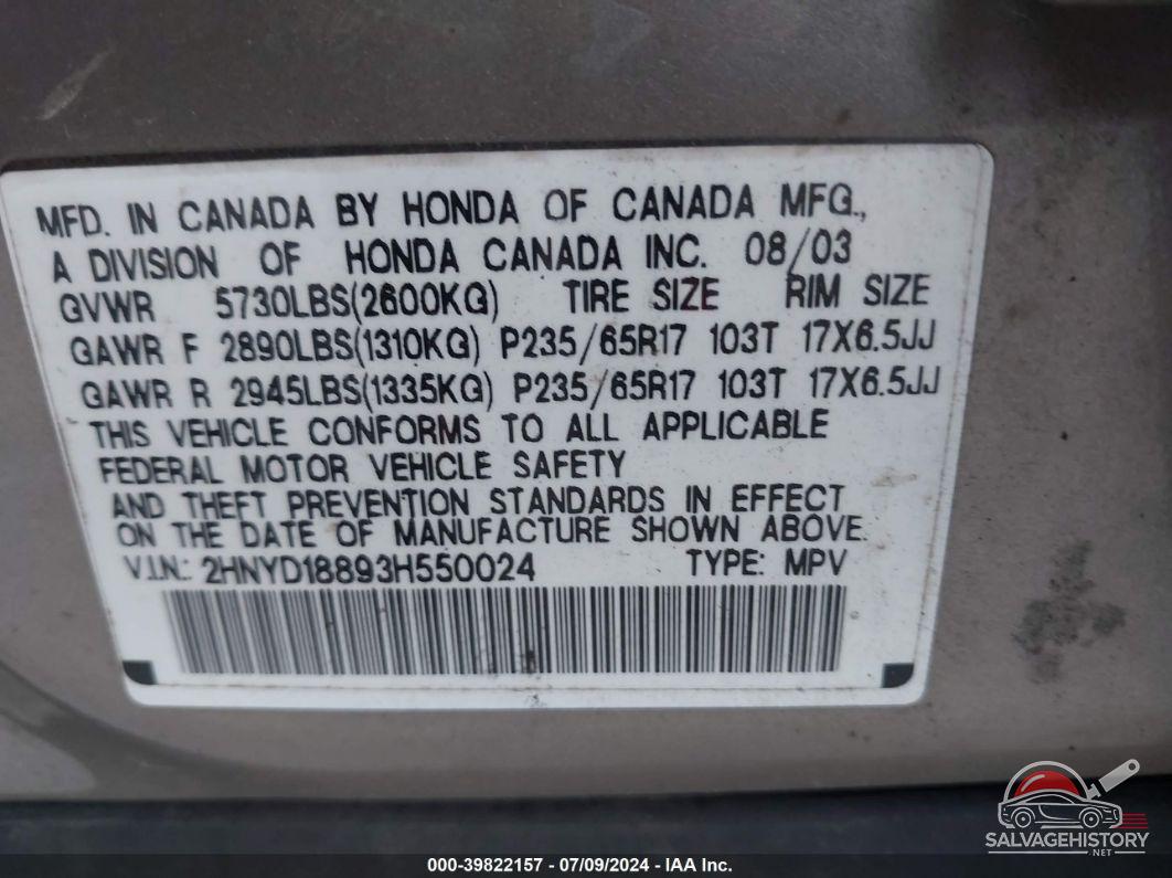 2HNYD18893H550024 2003 ACURA MDX photo no. 9