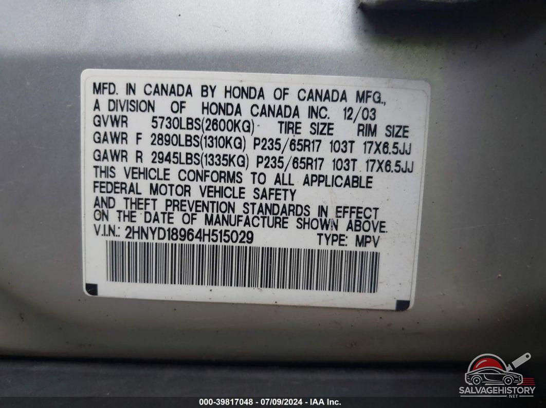 2HNYD18964H515029 2004 ACURA MDX photo no. 9