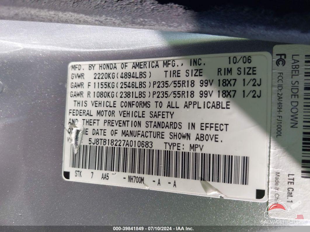 5J8TB18227A010683 2007 ACURA RDX photo no. 9