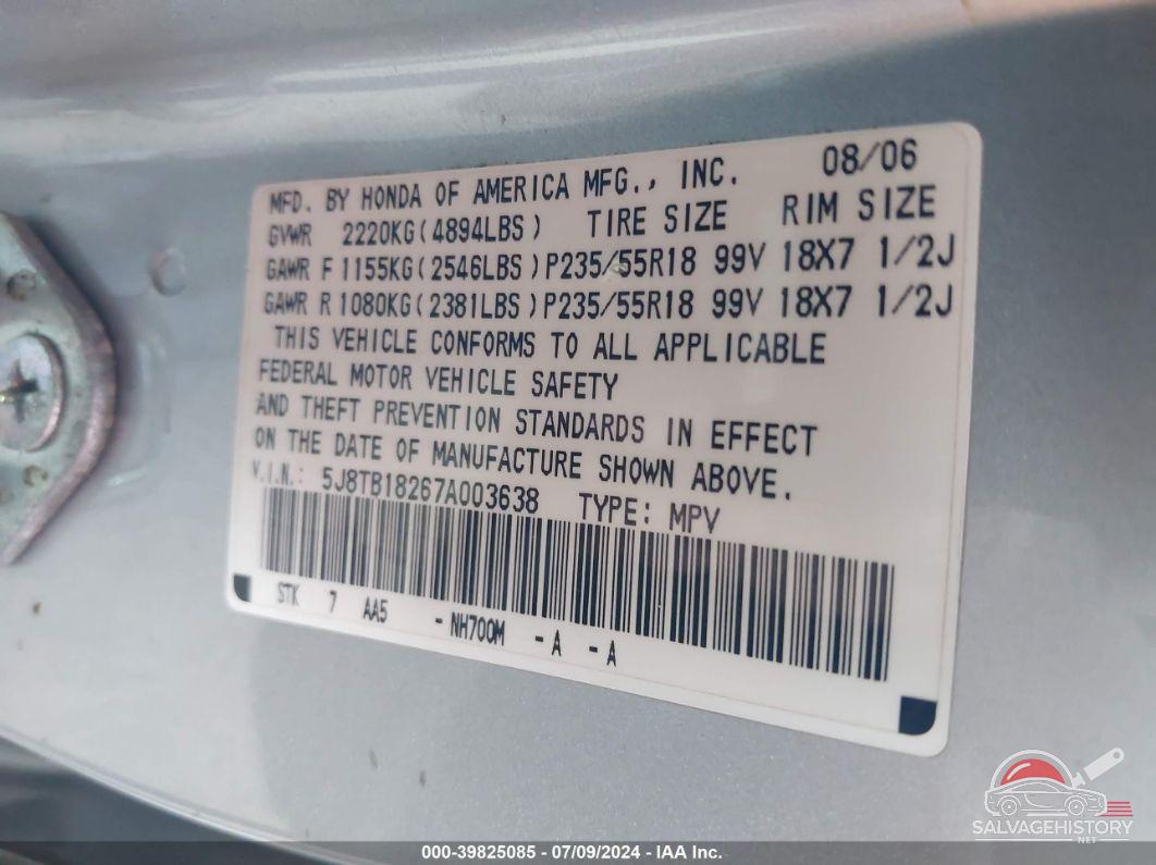 5J8TB18267A003638 2007 ACURA RDX photo no. 9