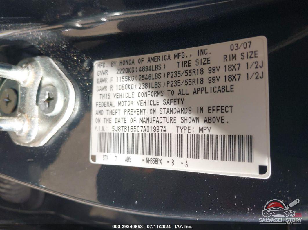 5J8TB18507A019974 2007 ACURA RDX photo no. 9