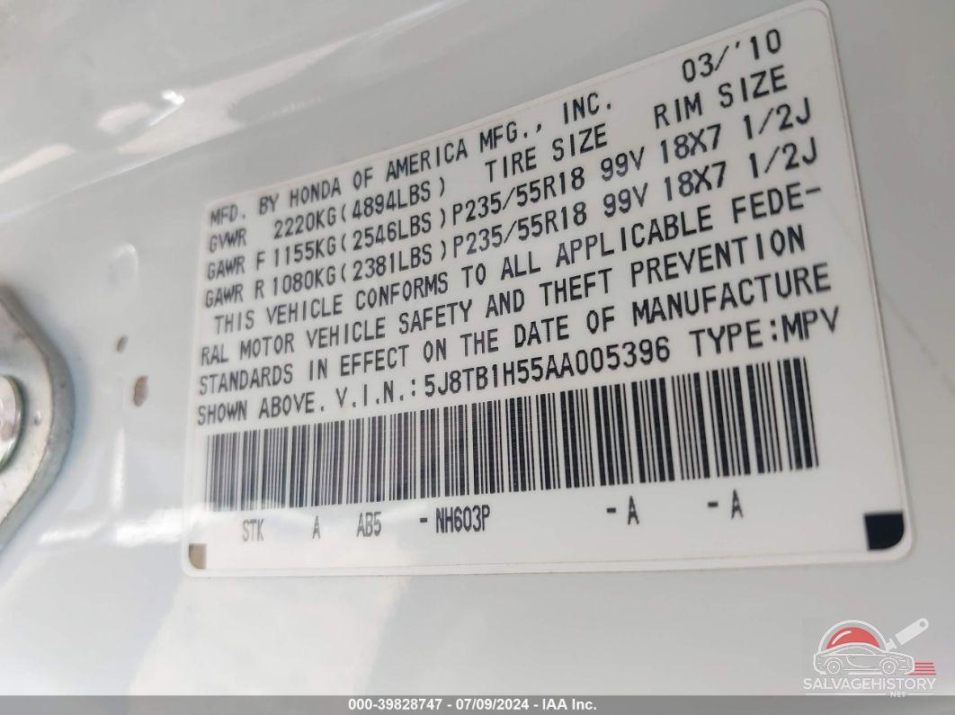 5J8TB1H55AA005396 2010 ACURA RDX photo no. 9