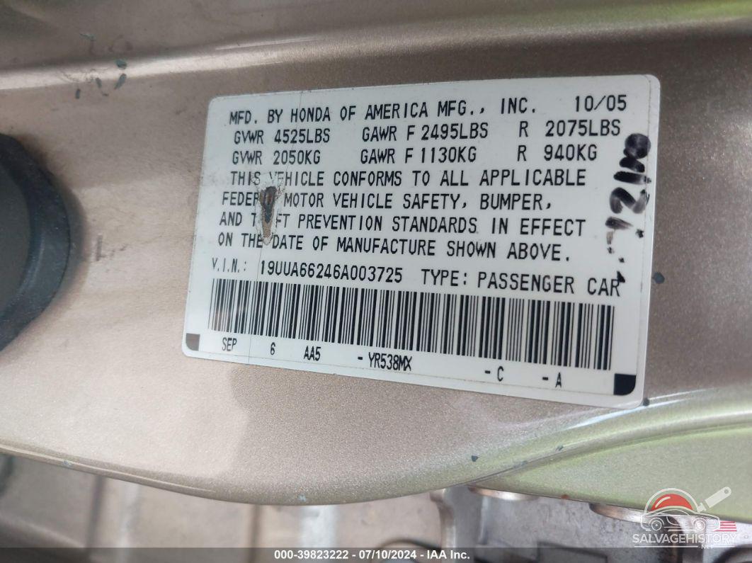 19UUA66246A003725 2006 ACURA TL photo no. 9
