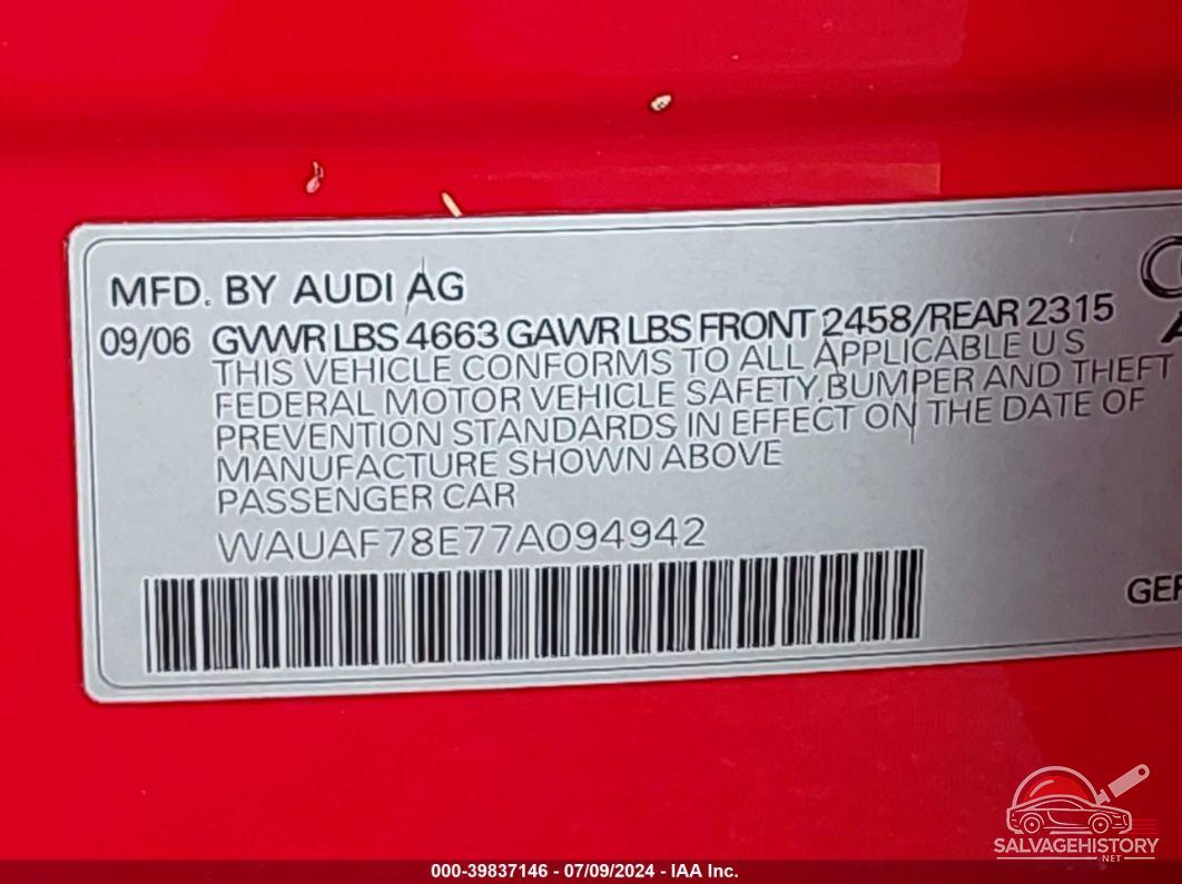 WAUAF78E77A094942 2007 AUDI A4 photo no. 9