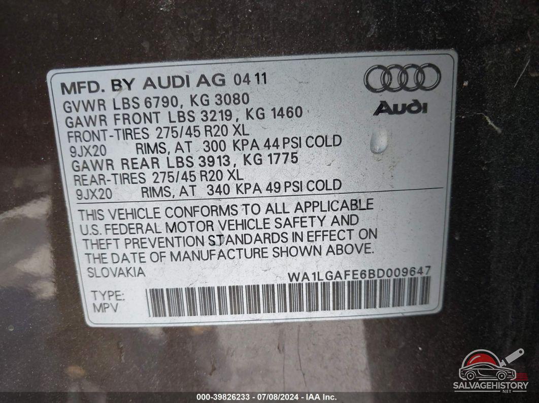 WA1LGAFE6BD009647 2011 AUDI Q7 photo no. 9
