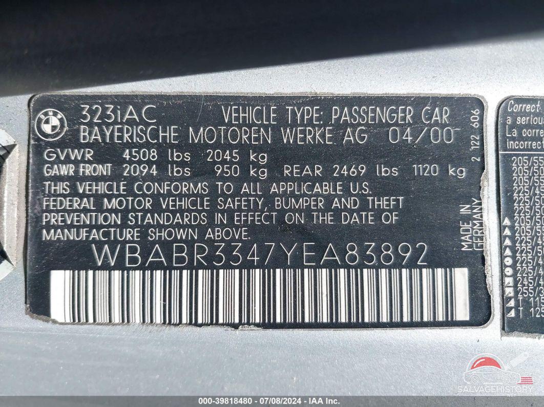 WBABR3347YEA83892 2000 BMW 323CI photo no. 9