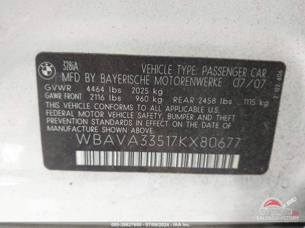WBAVA33517KX80677 2007 BMW 328I photo no. 9