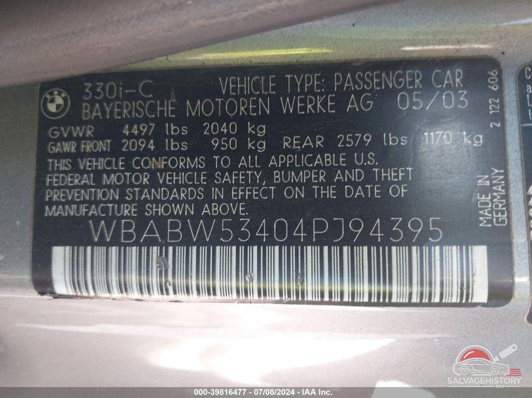 WBABW53404PJ94395 2004 BMW 330CI photo no. 9
