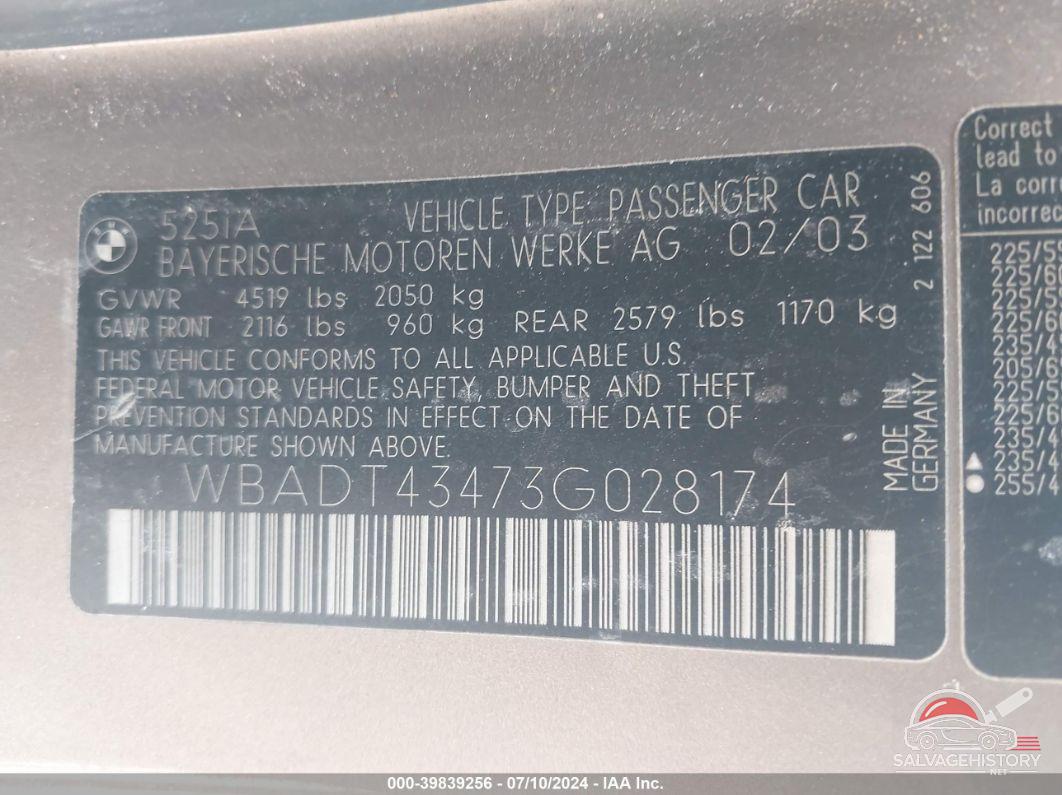 WBADT43473G028174 2003 BMW 525IA photo no. 9