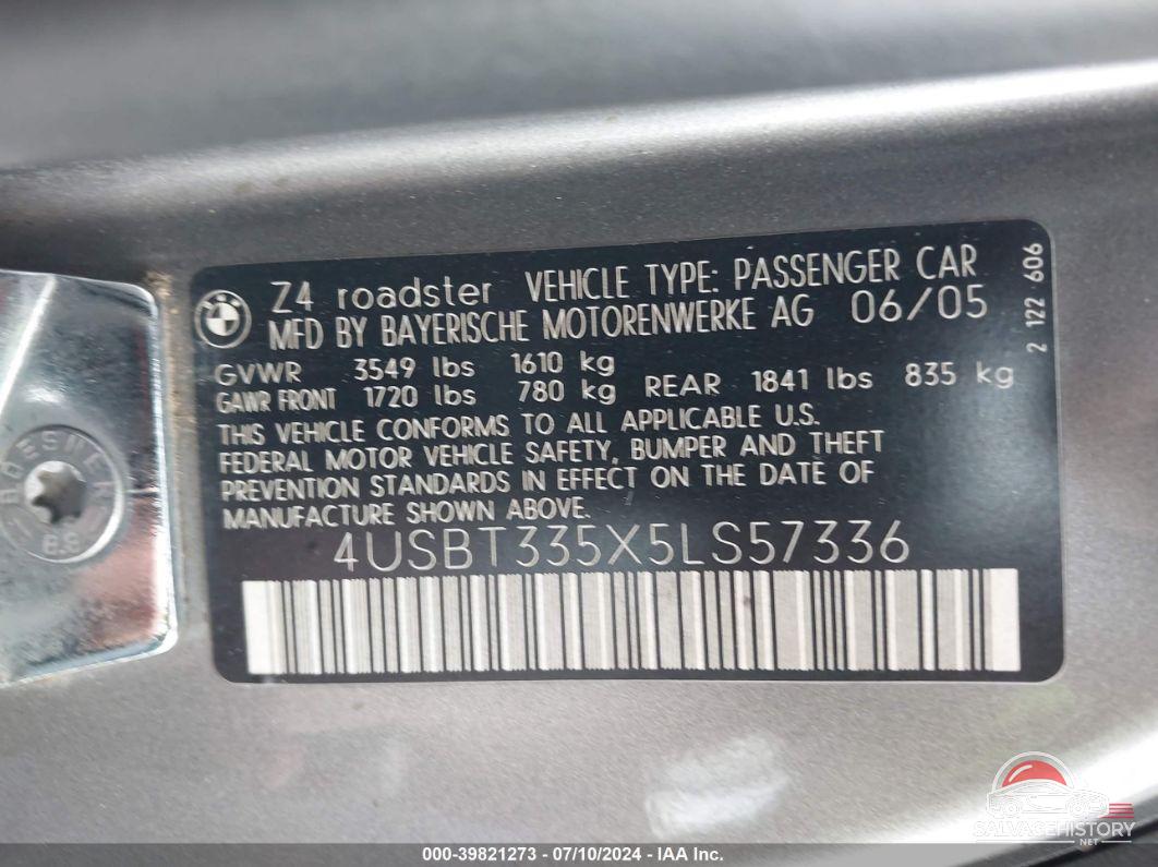 4USBT335X5LS57336 2005 BMW Z4 photo no. 9